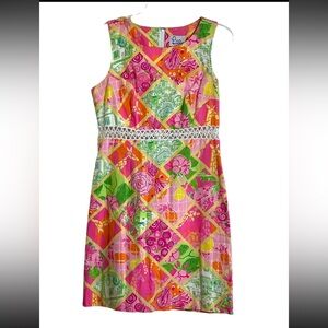 LILLY PULITZER Pink Floral Shift Dress Sz 8 Cotton Lace Cut Out peekaboo Waist